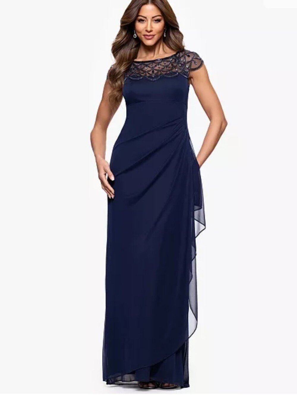 Xscape NWT Size 8 Navy Beaded Illusion Maxi Gown Formal Dress $239 Old Money